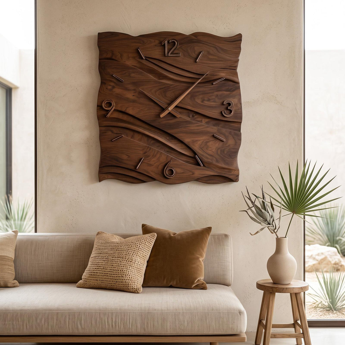 Organic Modern Wood Wave Wall Clock, Handcrafted Solid Wooden Wavy Artistic Timepiece for Home Decor