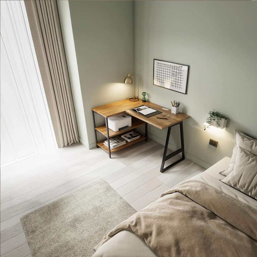 Modern Organic Line Corner Office Desk, L-Shaped Solid Wood Computer Writing Table for Bedroom & Study Workroom