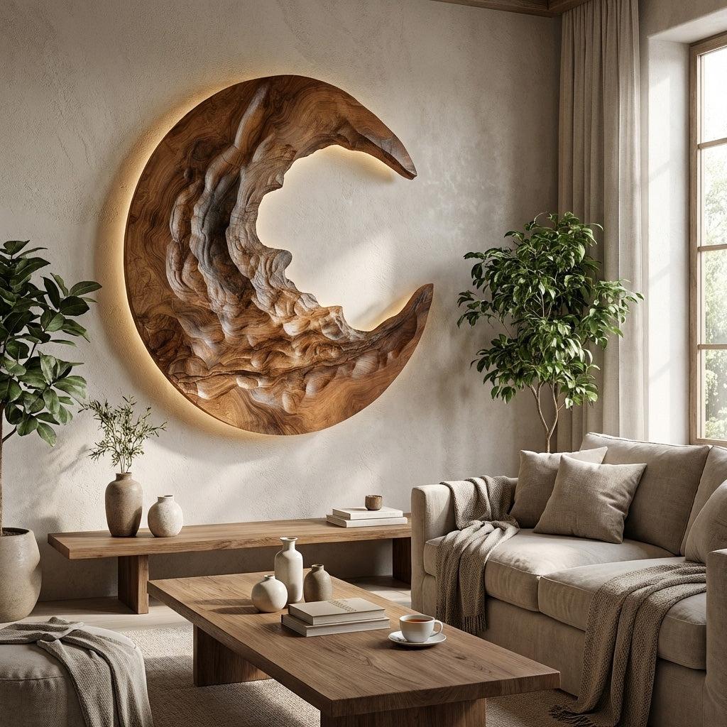Organic Modern Crescent Wood Wall Art with Light, Lighted 3D Crescent Moon Sculpture for Living Room