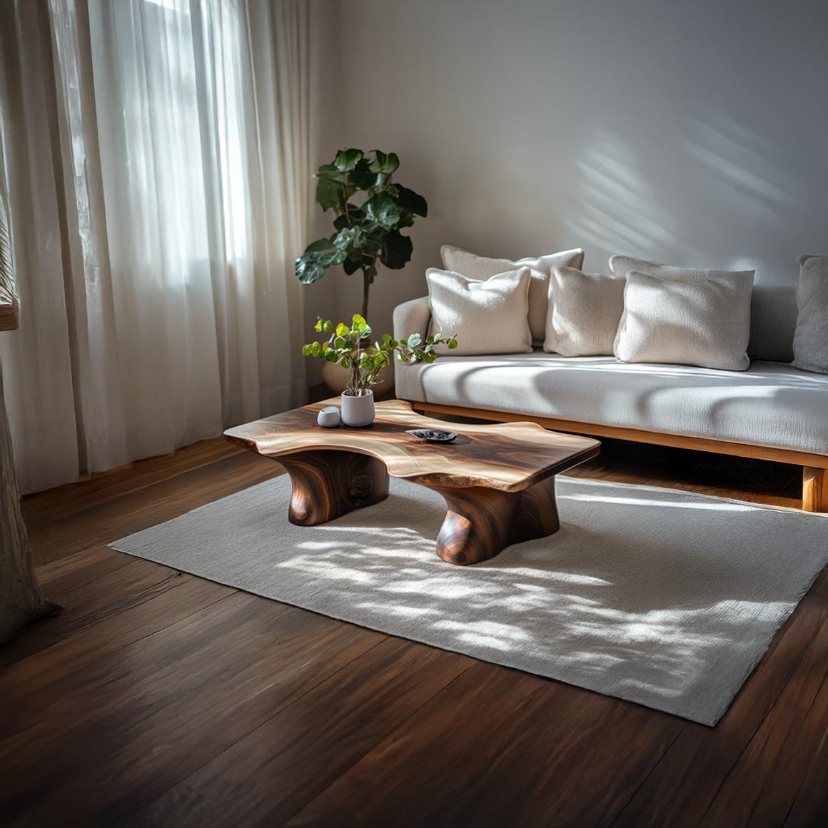 Mid Century Curved Edge Coffee Table, Solid Wood Minimalist Smooth Shape Centerpiece for Living Room, Family Room