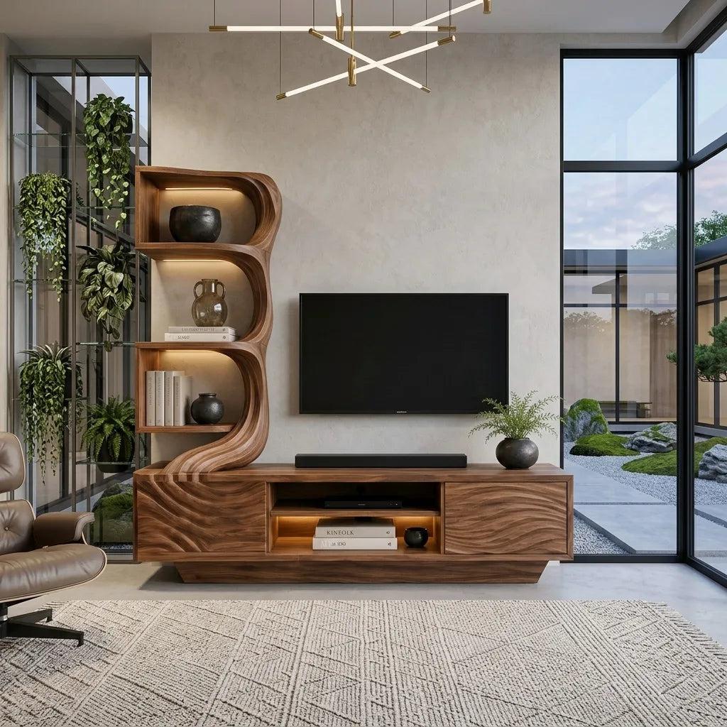 Modern Wave Carved TV Stand With Shelving For Living Room