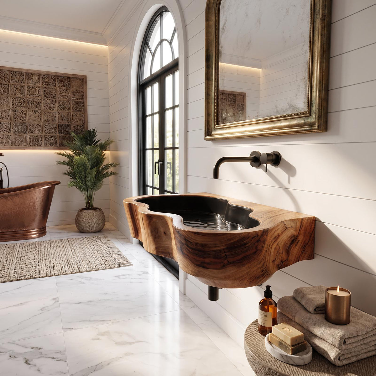Modern Live Edge Wooden Vessel Sink, Contemporary Solid Wood Bathroom Wash Basin for Vanity Top