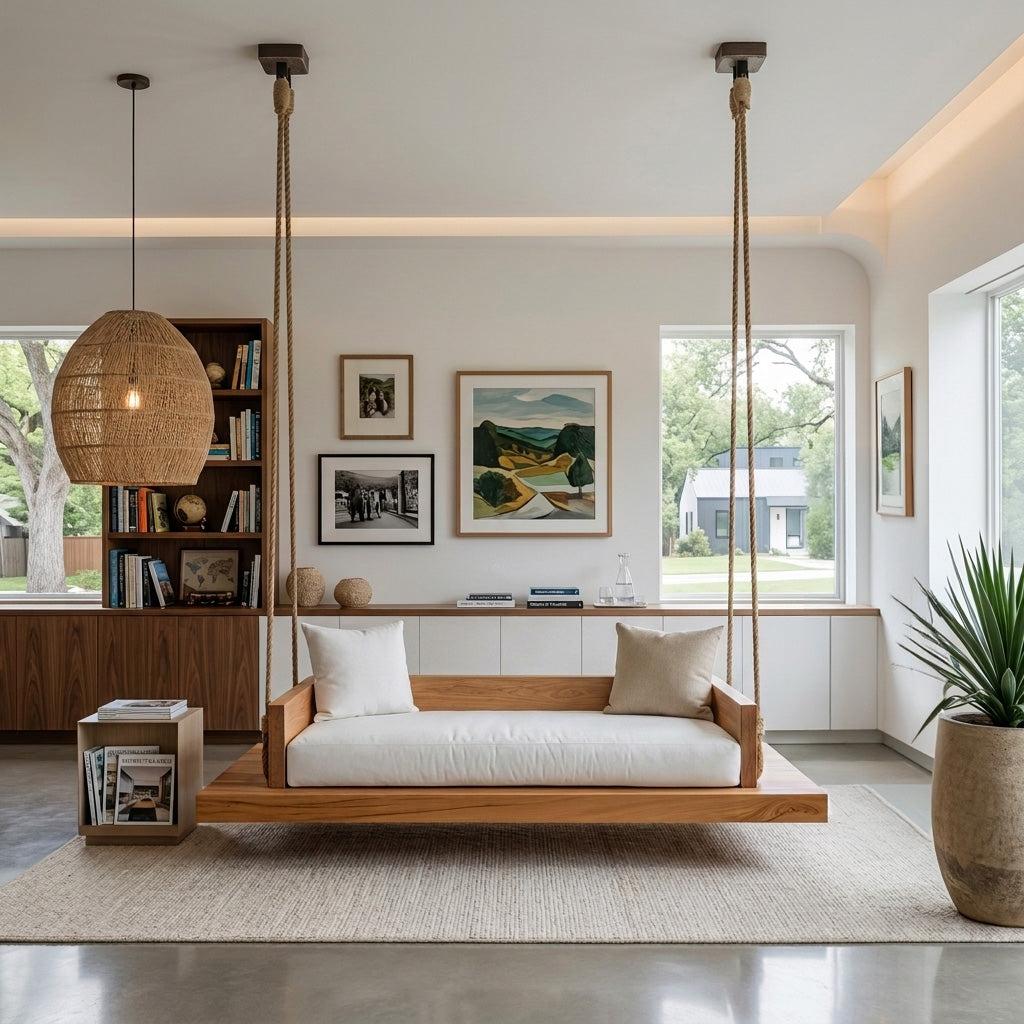 Modern Hanging Ceiling Swing, Handcrafted Solid Wood Indoor Swing Chair for Living Room & Studio