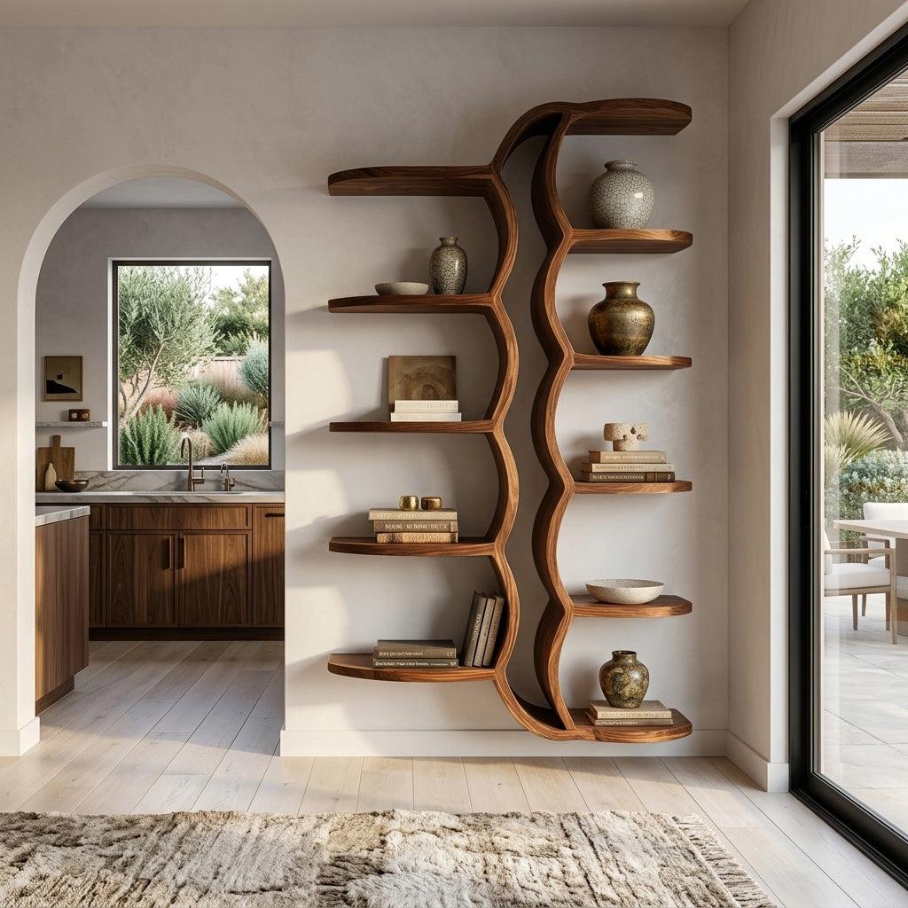 Organic Sculptural Wooden Wall Mounted Floating Shelf, Handcrafted Solid Wood Display for Living Room