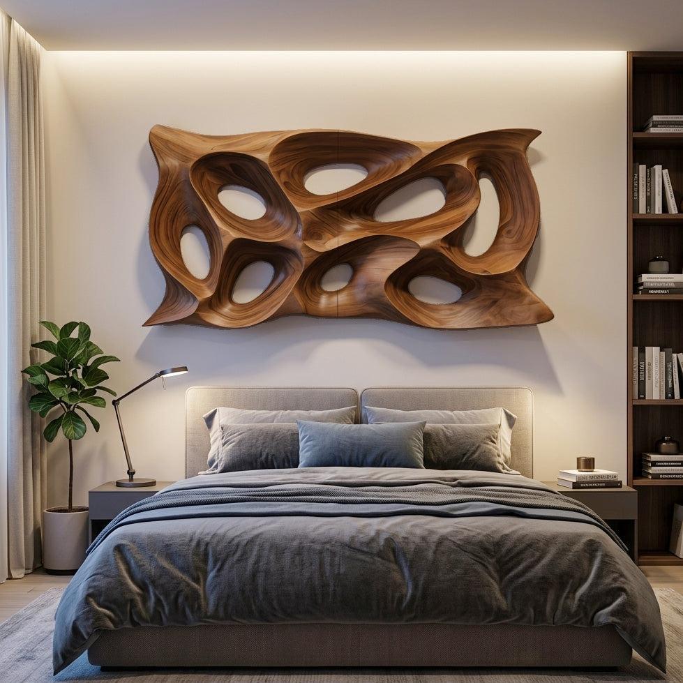 Modern Sculptural Wall Art, Abstract 3D Carved Wood Wall Sculpture Panel for Lounge & Living Room Decor