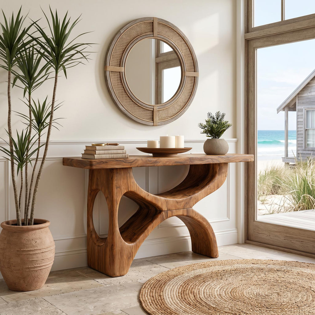 Modern Wooden Console Table With Sculptural Base For Living Decor
