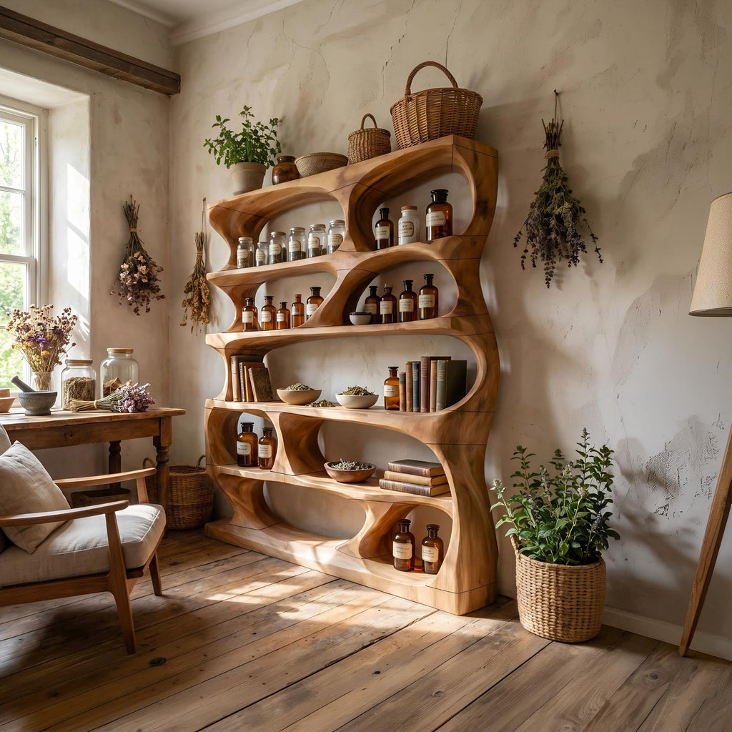 Minimalist Sculptural Bookshelf, Handcrafted Solid Wood Vertical Bookcase & Storage Display Organizer for Home Office