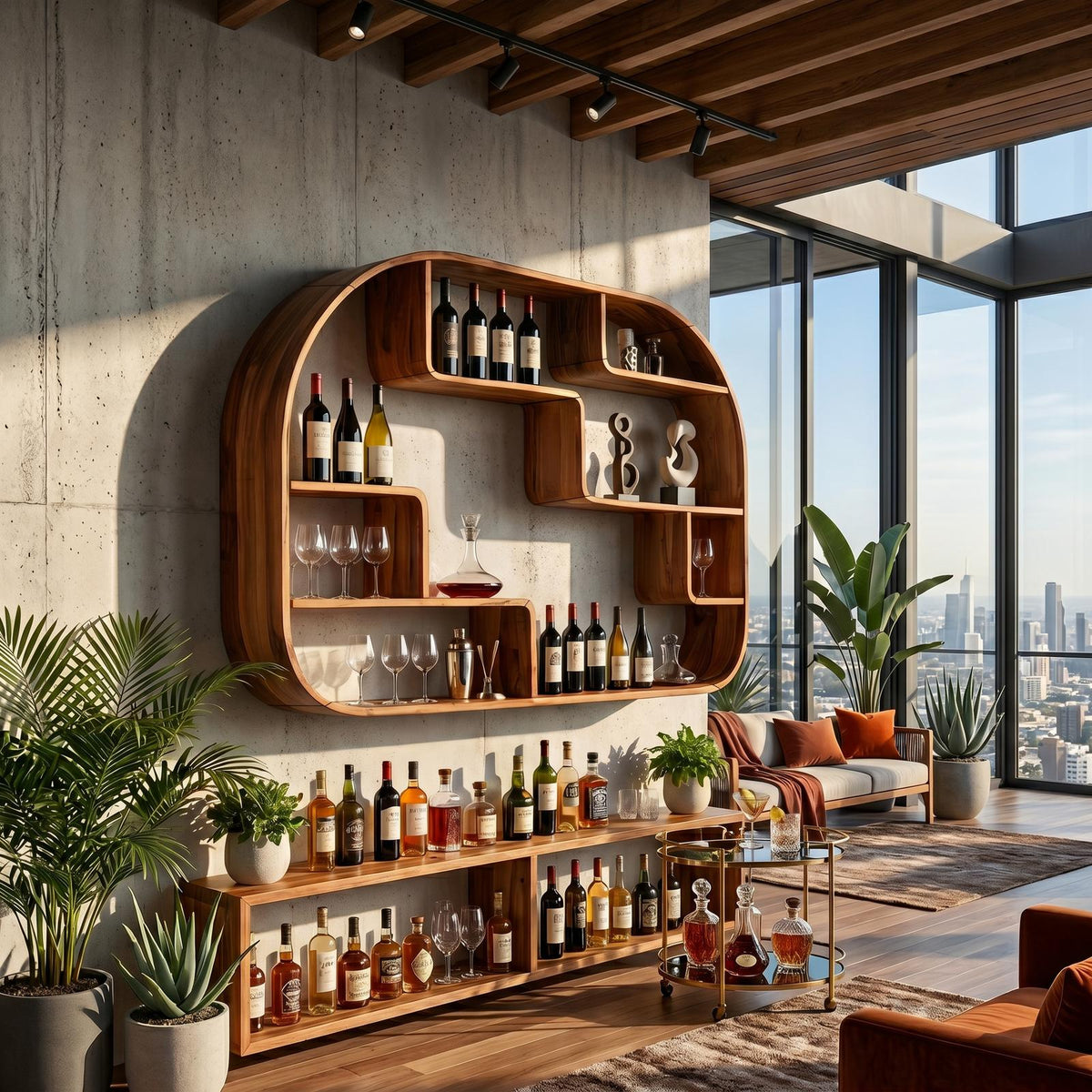 Boho Wall Mounted Wine Holder, Handcrafted Floating Wood Bottle Rack & Accent Storage Feature for Dining Space