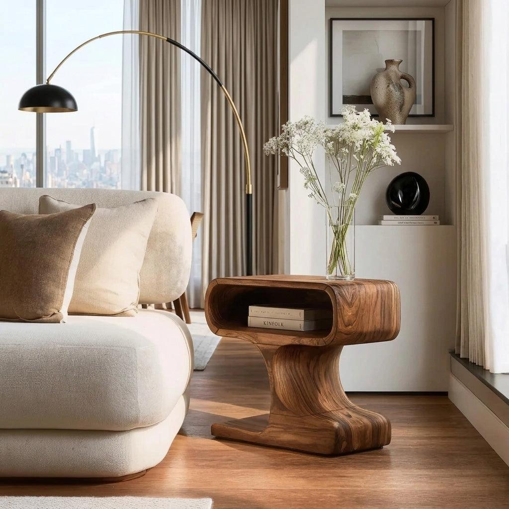 Handcrafted Wooden Side Table, Minimalist Round End Table for Living Room & Bedroom, Natural Finish, Model