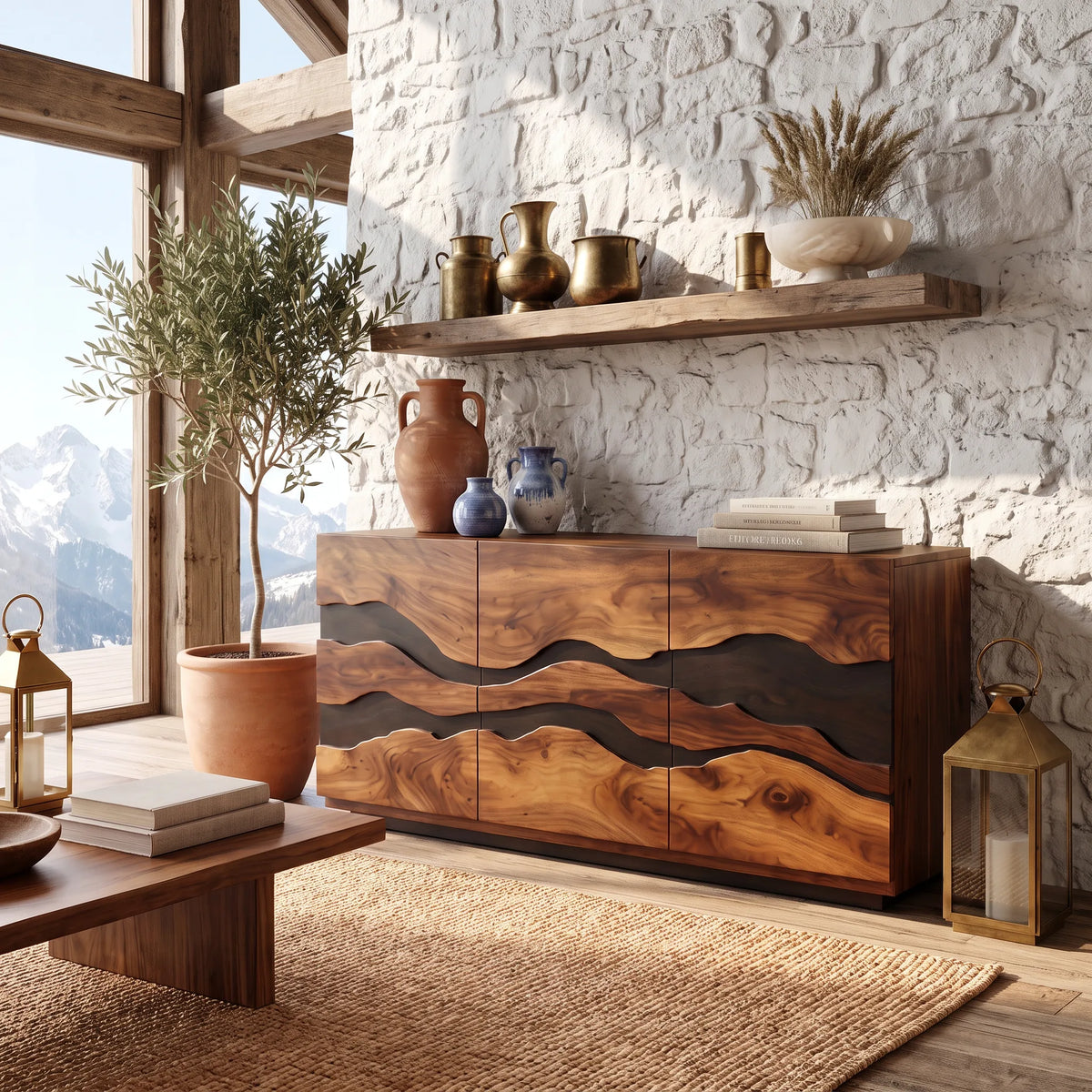 Modern Wave Carved Liquor Cabinet Dining Room