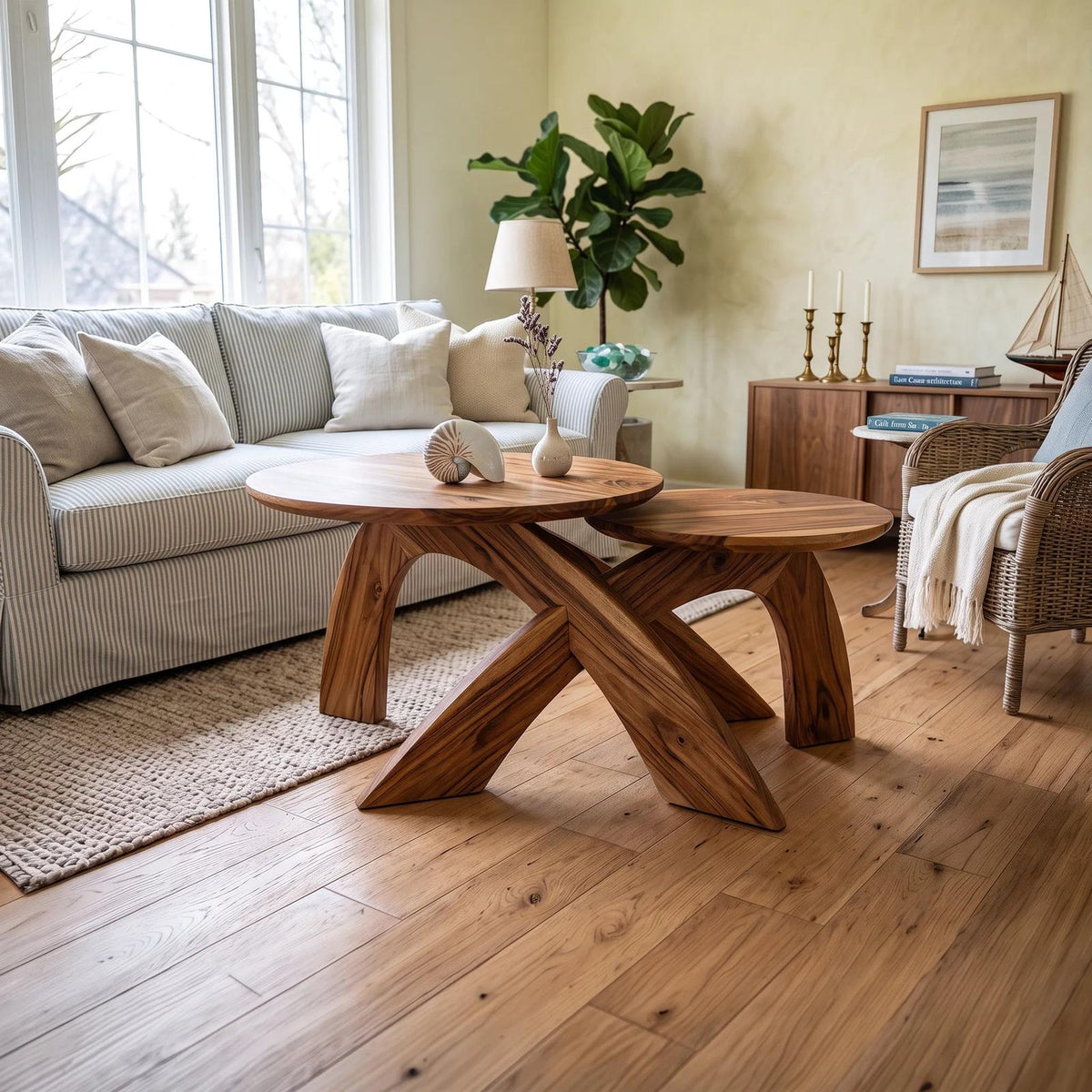 Mid Century Round Coffee Table Biophilic Living Room