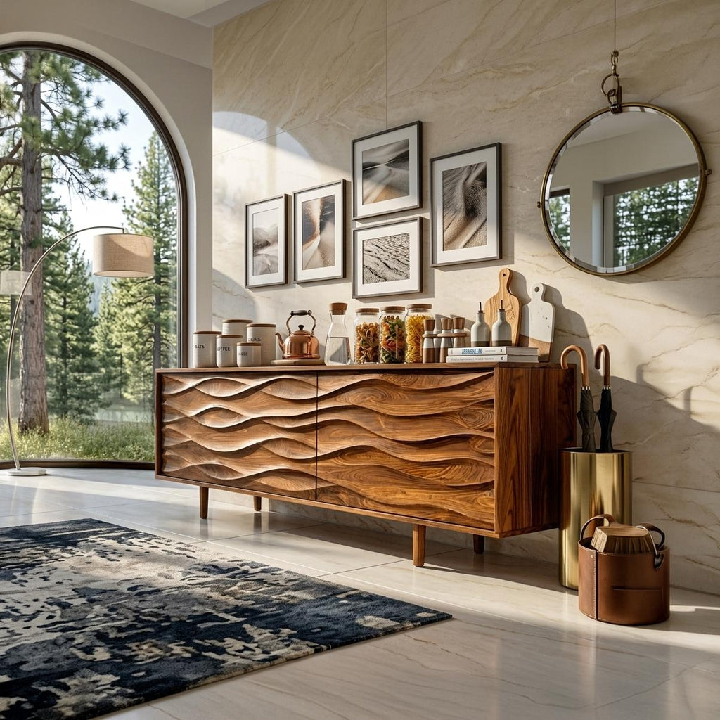 Contemporary Sideboard with Carved Wave Front Panels, Handcrafted Solid Wood Credenza Buffet Cabinet for Home, Model