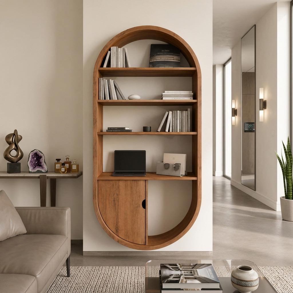 Arched Wooden Wall Bookshelf with Cabinet & Lighting, Solid Wood Storage Bookcase for Living Room, Home Office