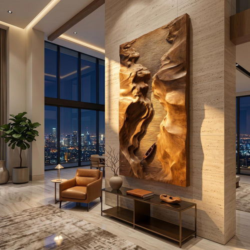 Abstract Canyon Wood Wall Sculpture, Handcrafted Geometric Wooden Wall Art Panel Decor for Modern Office & Living Room Entryway, SILDTTRWA081