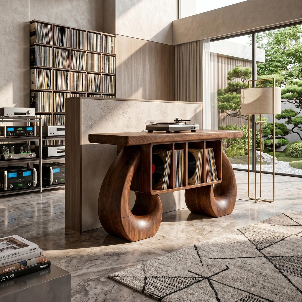 Sculptural Loop Record Player Console, Handcrafted Solid Wood Vinyl Storage Cabinet & Turntable Stand, Model