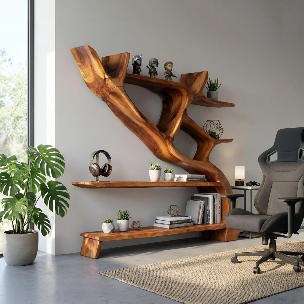 Scandinavian Artistic Wood Bookshelf, Handcrafted Modernist Multi-Tier Storage Cabinet Organizer for Study Office
