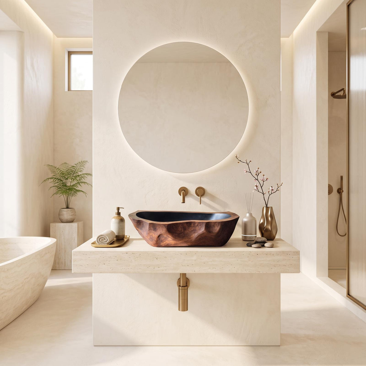 Mid Century Solid Wood Vessel Sink, Handcrafted Natural Live Edge Wooden Wash Basin for Modern Bathroom Vanity Makeover