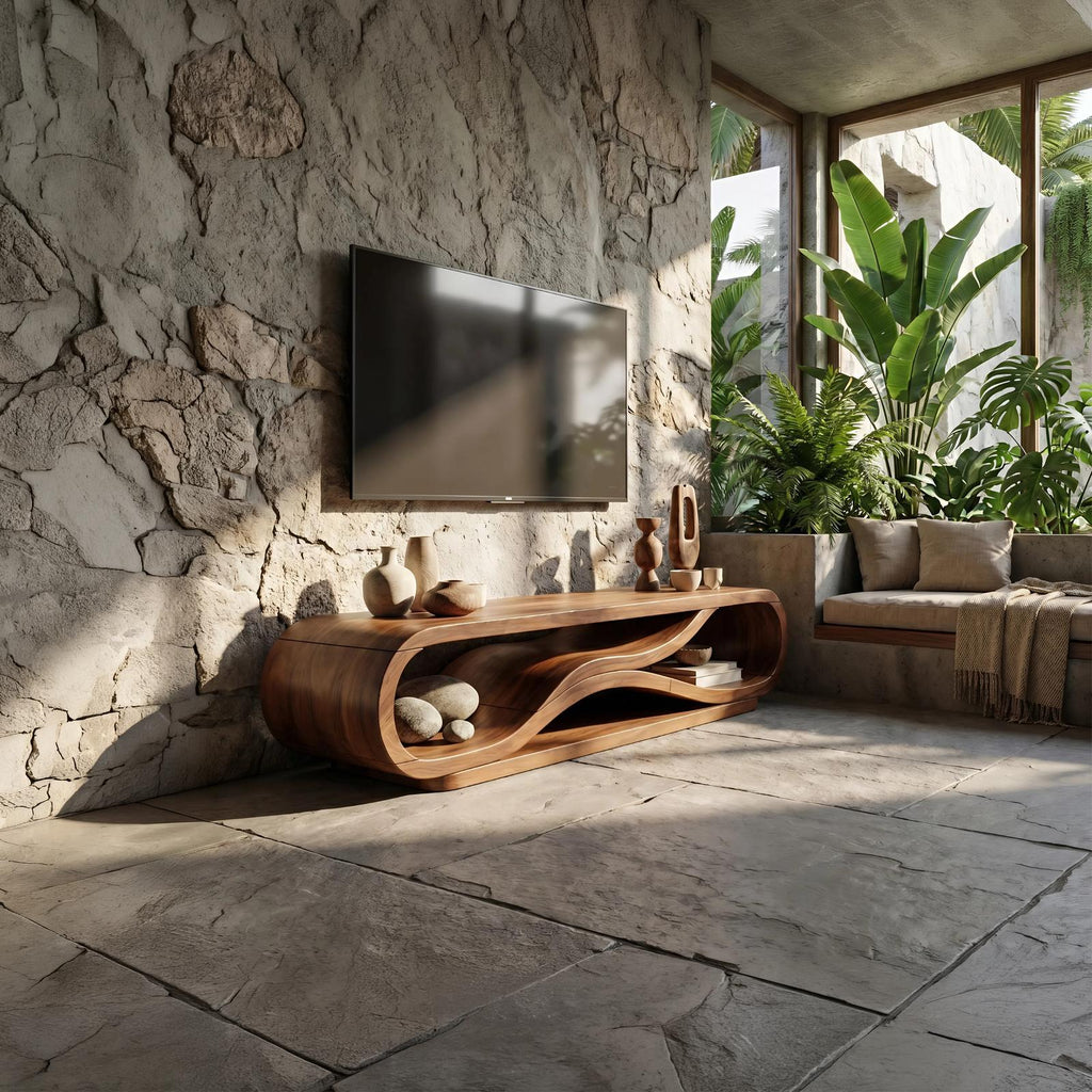 Modern Curved Wood TV Cabinet, Stylish Media Console Shelf & Entertainment Center for Living Room