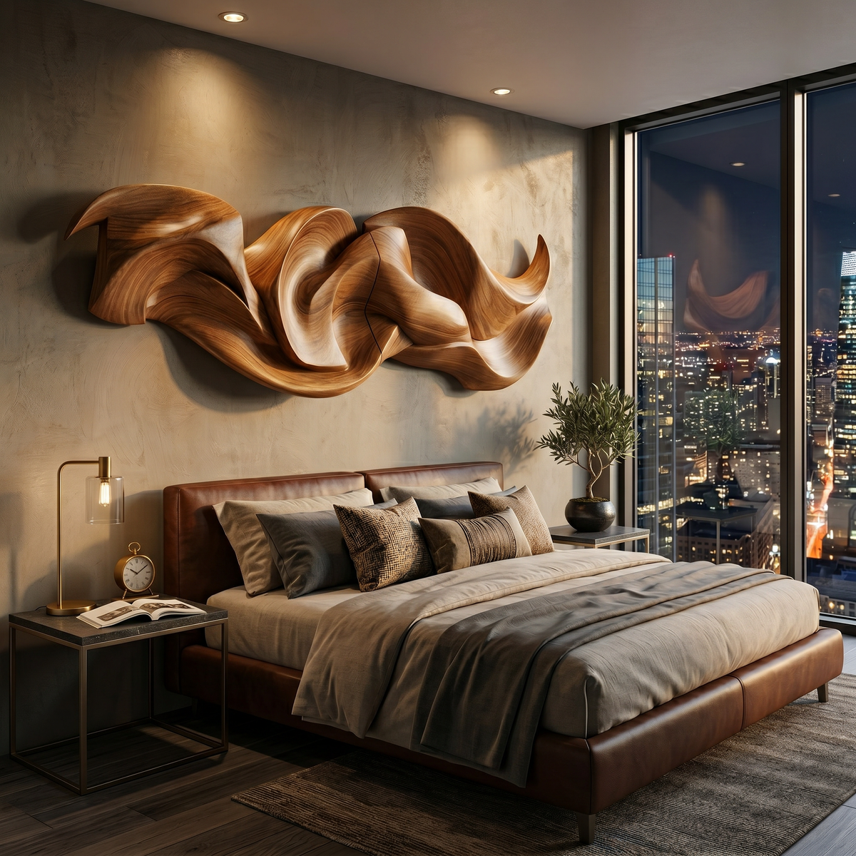 Contemporary Organic Ribbon Wood Wall Art, Handcrafted 3D Flowing Wave Sculpture Panel for Dining Room