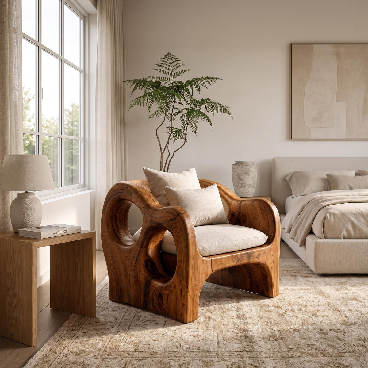 Artistic Sculpted Wooden Armchair, Mid-Century Modern Accent Lounge Chair for Living Room, Model