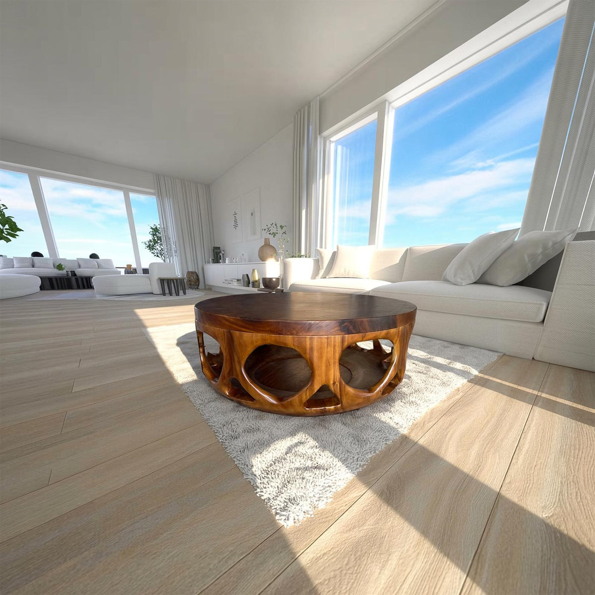 Mid Century Wooden Round Coffee Table, Handcrafted Solid Wood Circular Center Table, Modern Living Room Accent Decor