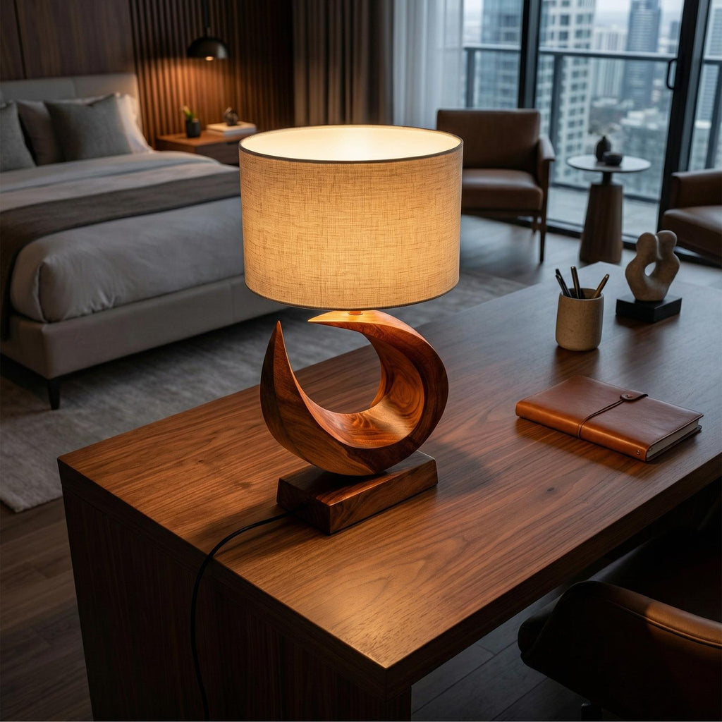Coastal Artistic Table Lamp, Unique Wooden Driftwood Style Bedside Light for Bedroom & Living Room
