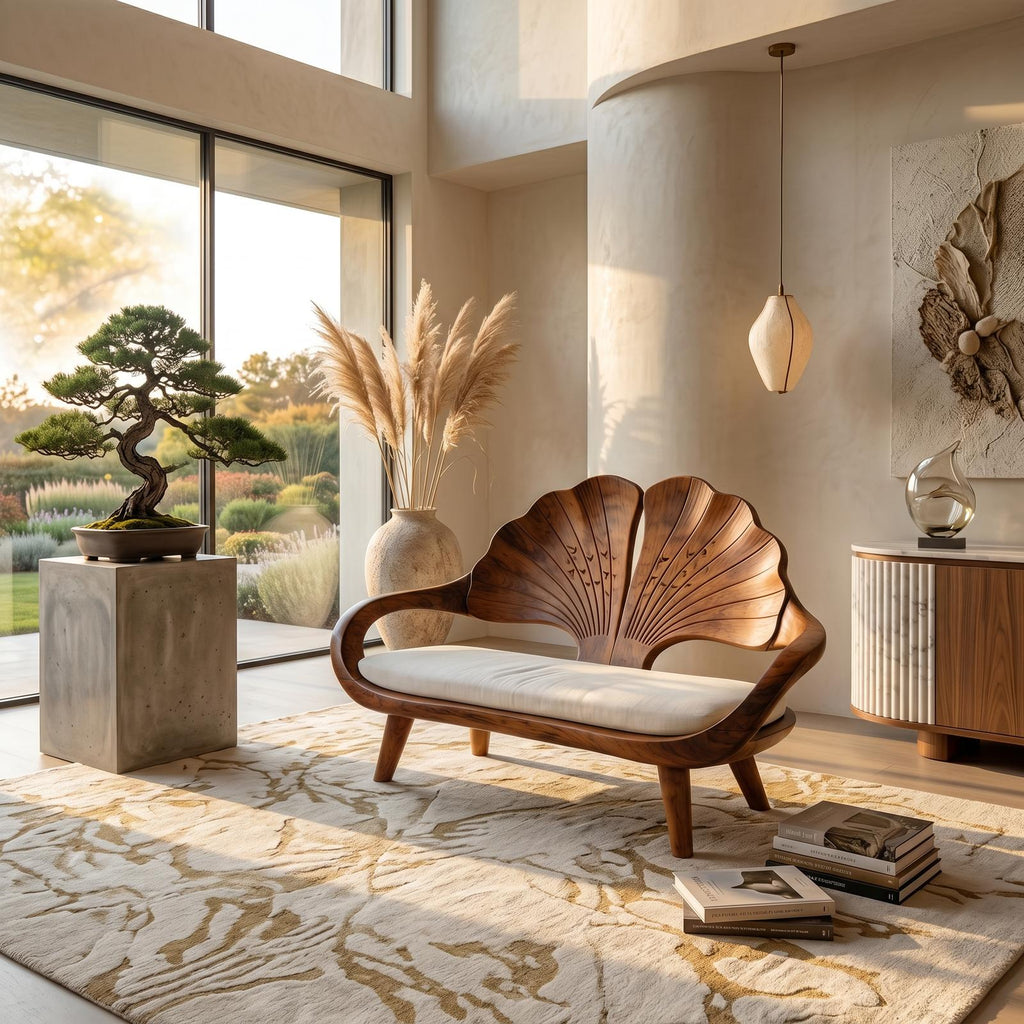 Minimalist Ginkgo Leaf Backrest Bench, Solid Wood Reading Nook Accent Seating & Bedroom Lounge Bench, Natural