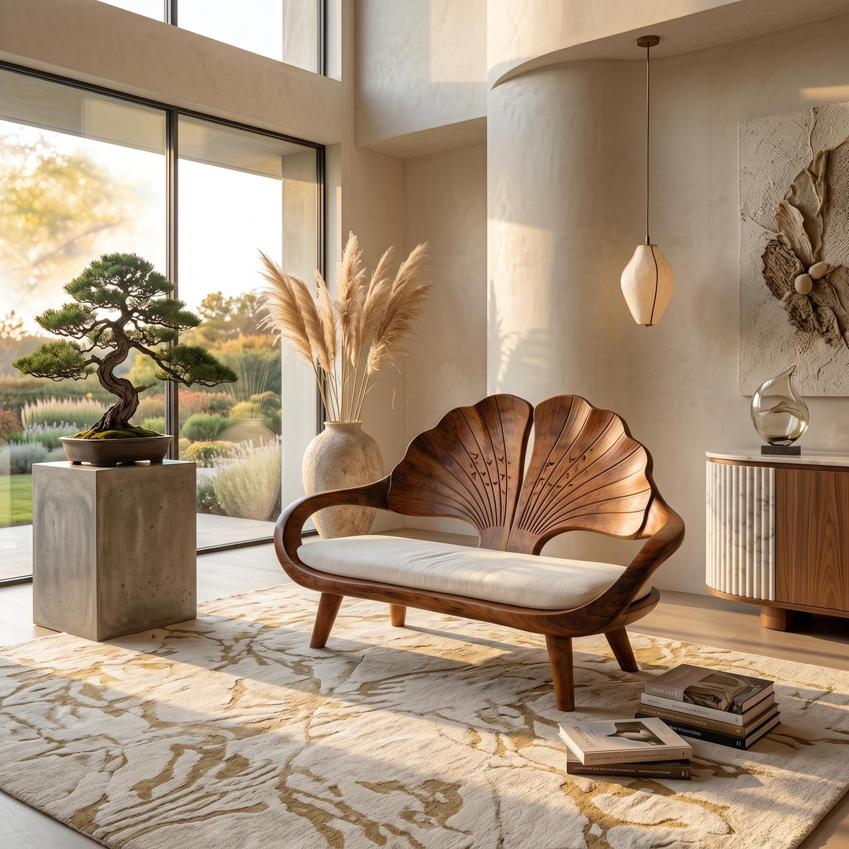 Minimalist Ginkgo Leaf Backrest Bench, Solid Wood Reading Nook Accent Seating & Bedroom Lounge Bench, Natural