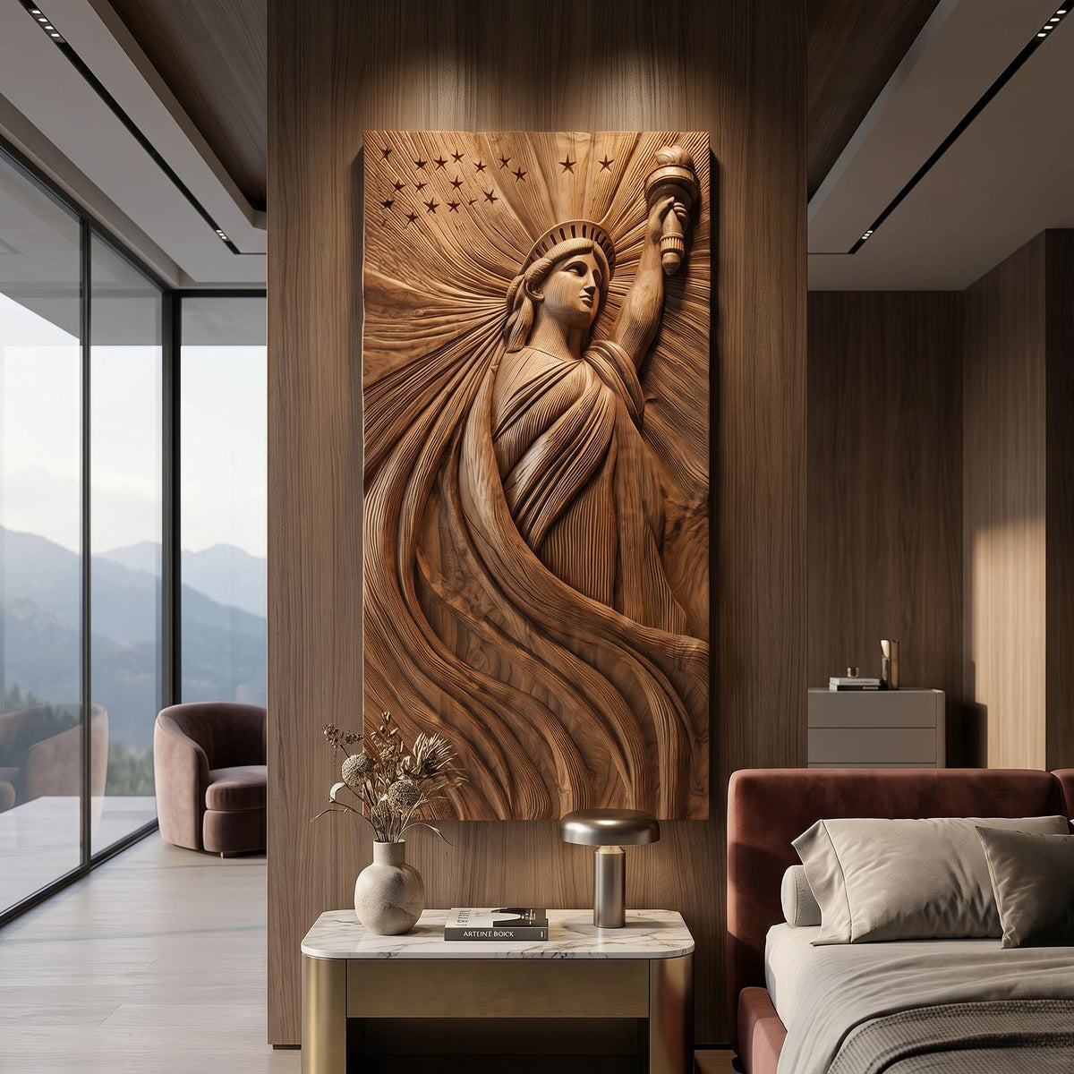 Coastal Modern Statue of Liberty Wood Wall Art, Handcrafted 3D Wooden Icon Sculpture Panel for Luxury Beach Villa Bedroom Decor, SILDTTRWA121