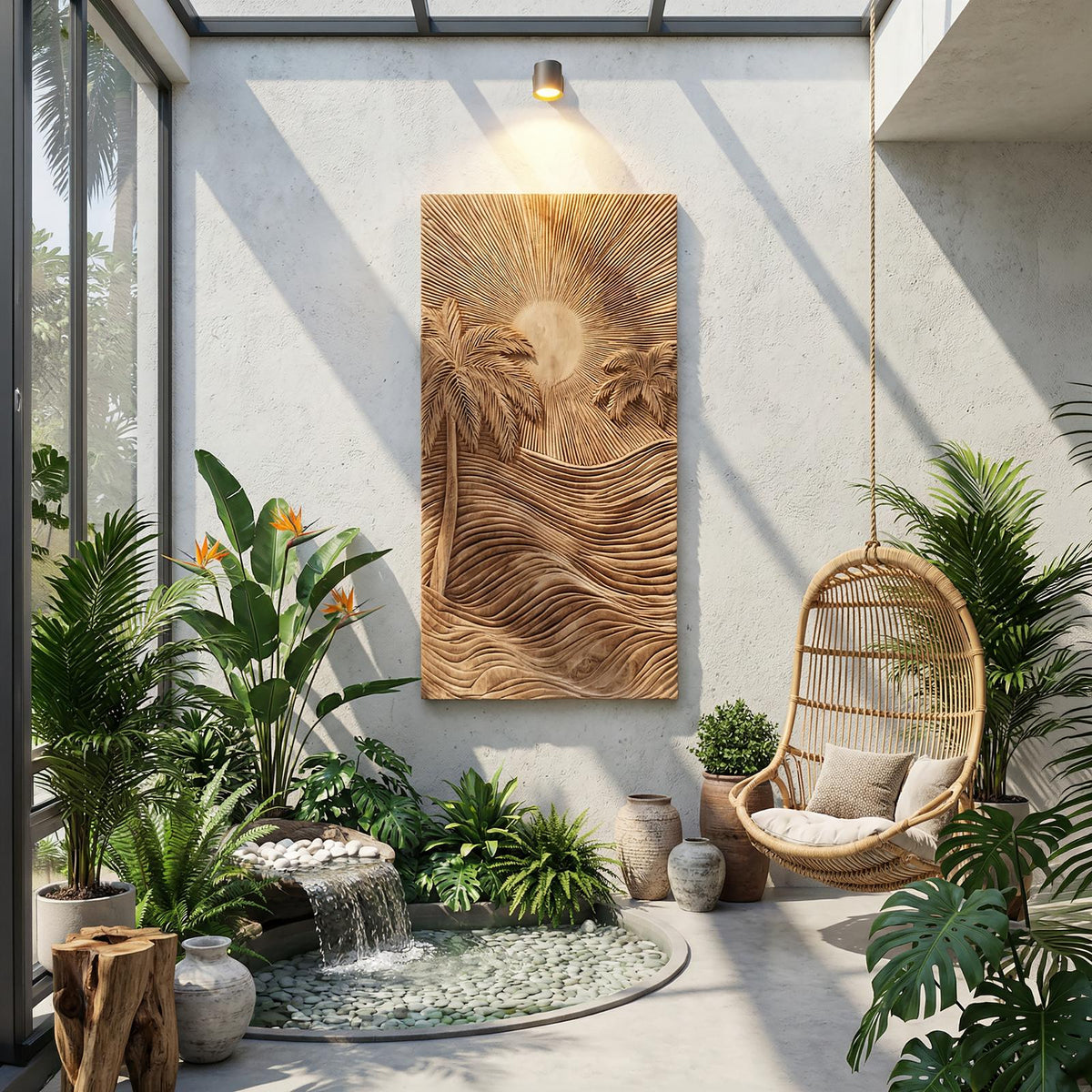 Handcrafted Tropical Wooden Wall Sculpture, Carved Palm Leaf Wood Wall Decor for Elegant Beach House Coastal Living Room, SILDTTRWA065