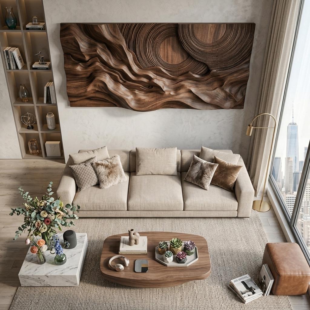 Layered Wave Wall Sculpture, Abstract Geometric Circular 3D Wood Wall Art Panel for Living Room Decor