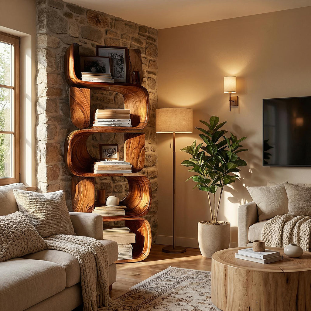 Contemporary Modern Unique Bookshelf, Abstract Wood Bookcase Display Shelves for Living Room