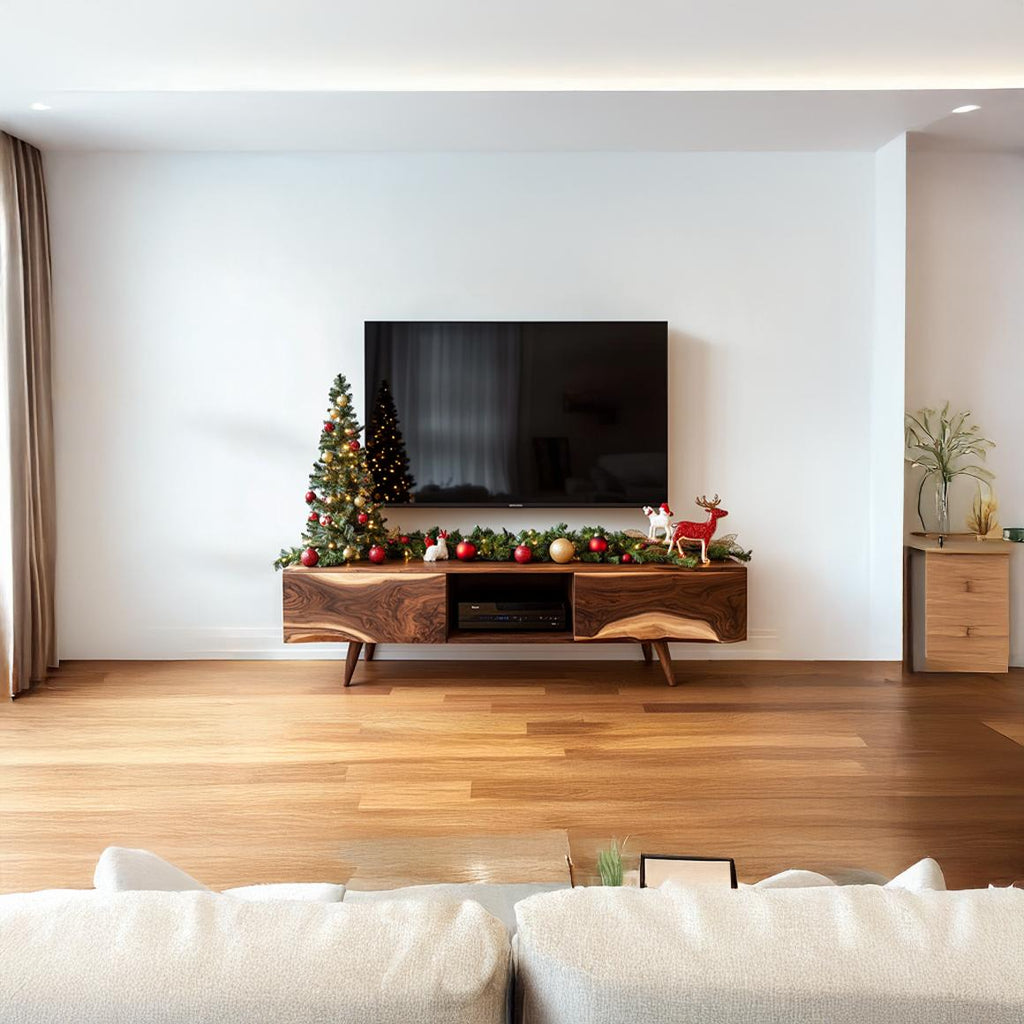 Mid-Century Wooden TV Cabinet, Modern Low Profile Media Console, Solid Timber Television Credenza for Living Room