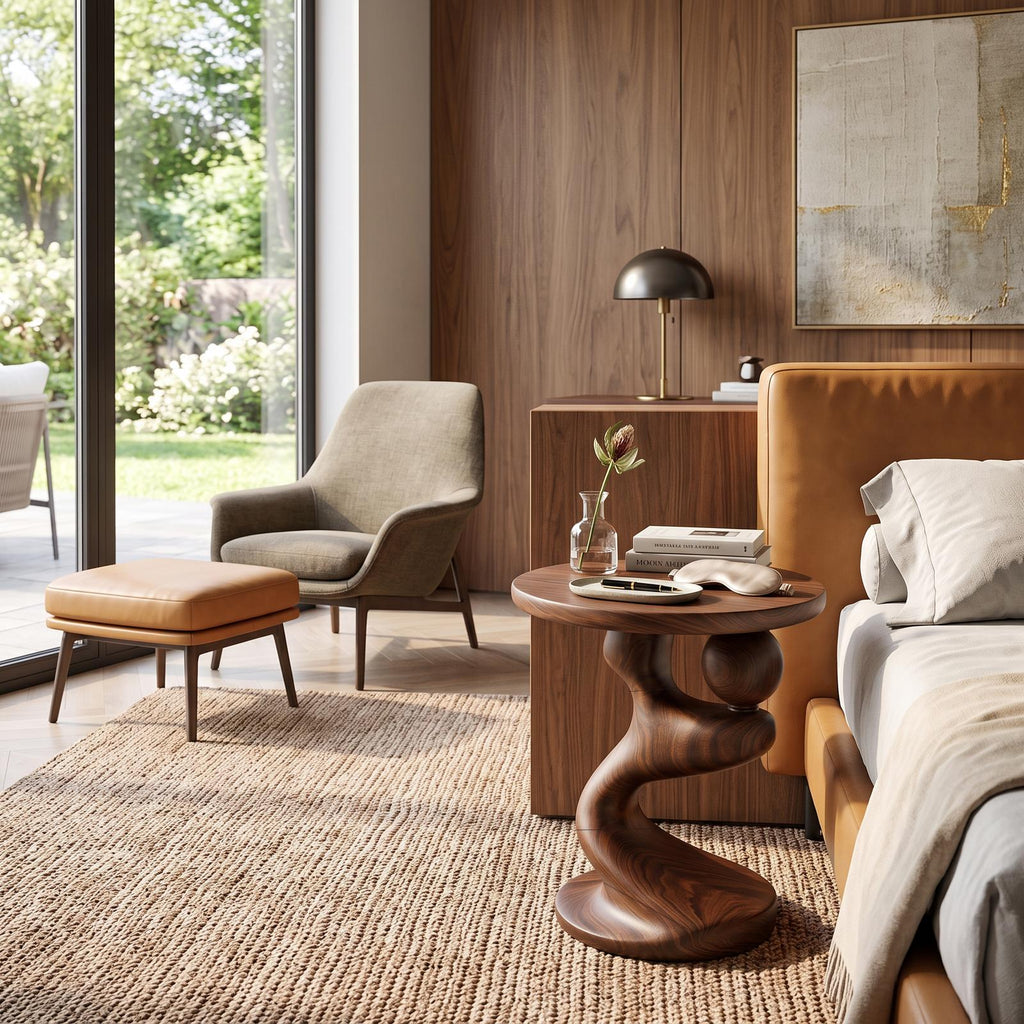 Modern Sculpted Wood Side Table, Artistic Curved Base Solid Wood End Table & Nightstand for Living Room, Bedroom