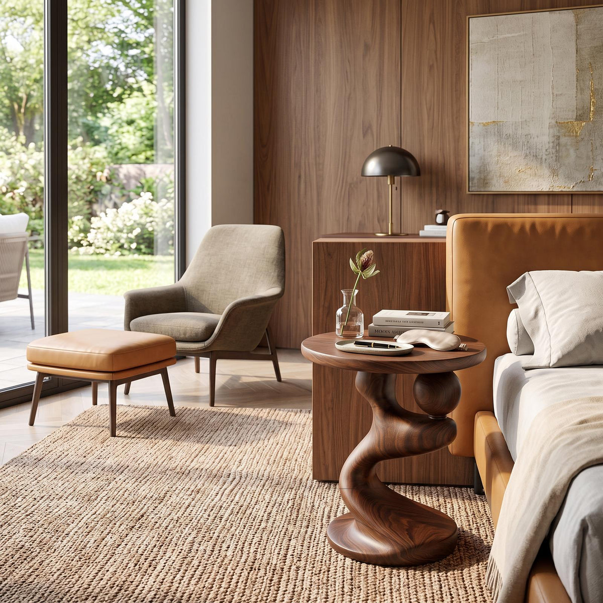 Modern Sculpted Wood Side Table, Artistic Curved Base Solid Wood End Table & Nightstand for Living Room, Bedroom
