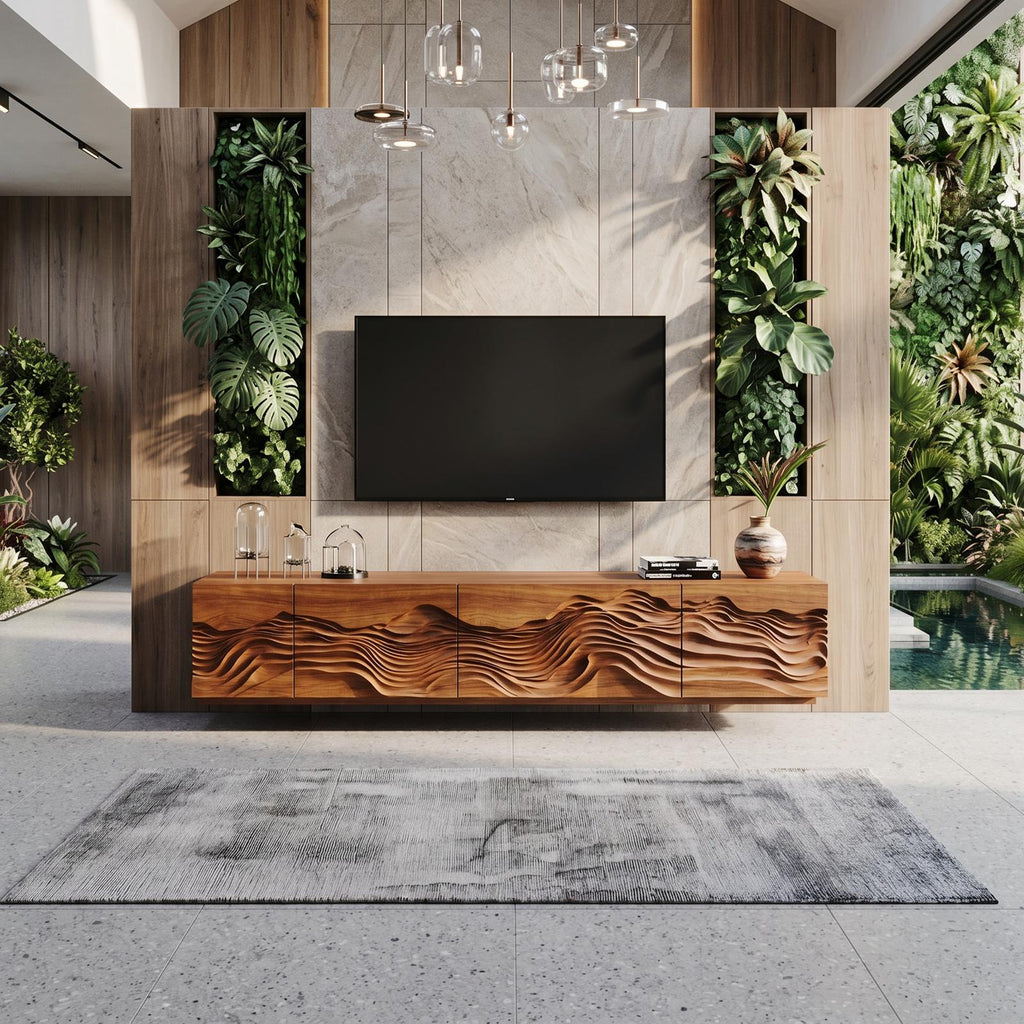 Mid Century Modern TV Stand Table, Handcrafted Solid Wood Media Storage Console for Living Room Entertainment