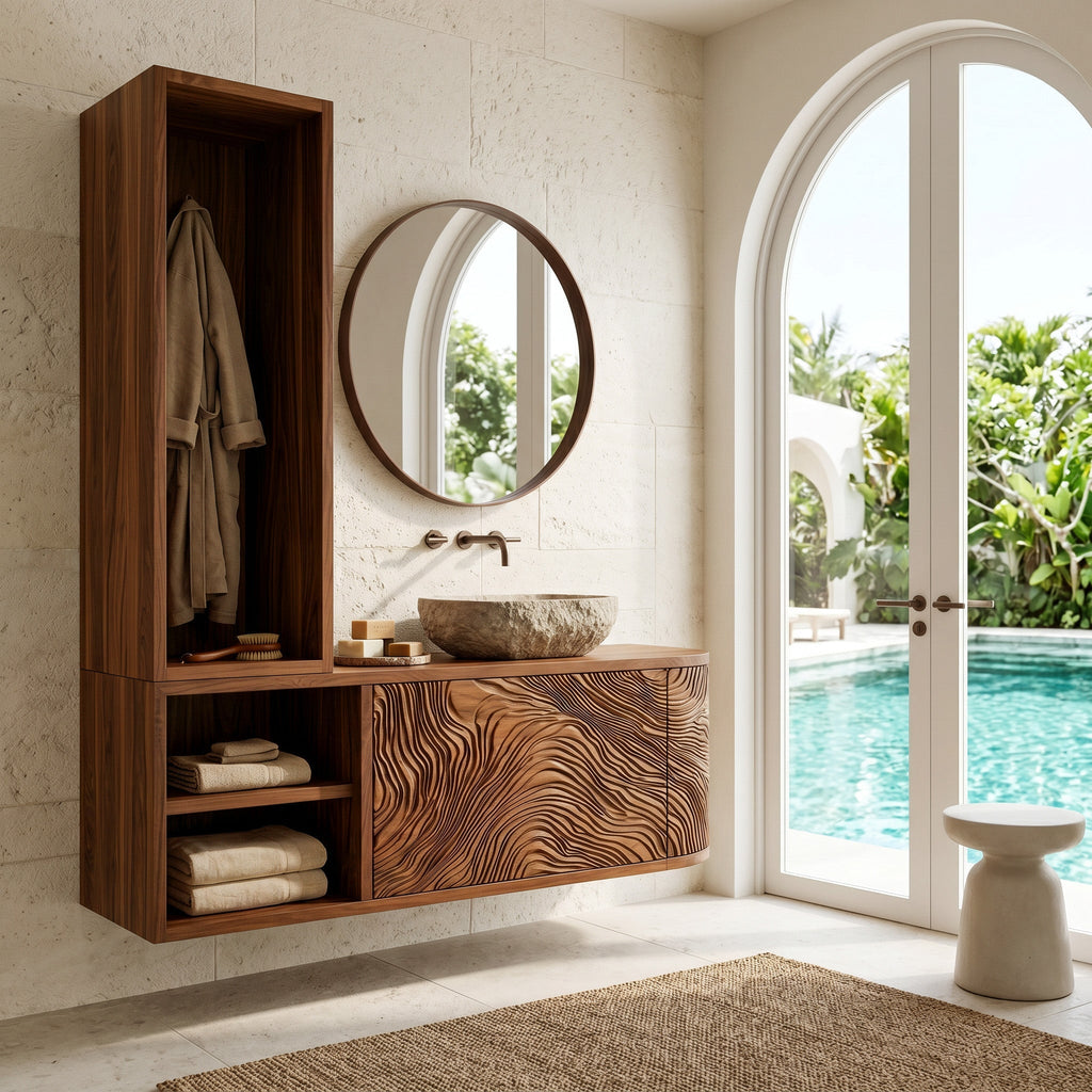 Organic Carved Bathroom Vanity With Linen Tower Side For Bathroom