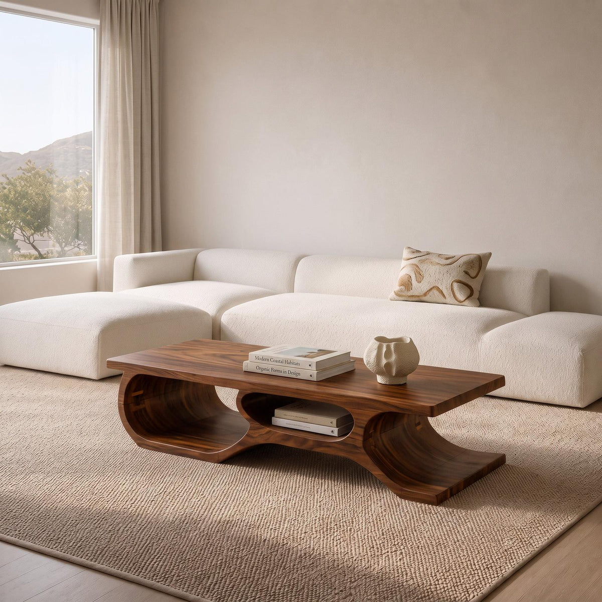 Organic Wooden Coffee Table with Open Shelf Design, Modern Low Profile Storage Center Table, Model