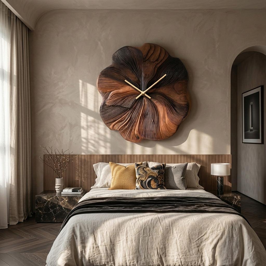 Contemporary Floral Wooden Wall Clock, Handcrafted Flower Shape Solid Wood Timepiece for Living Room