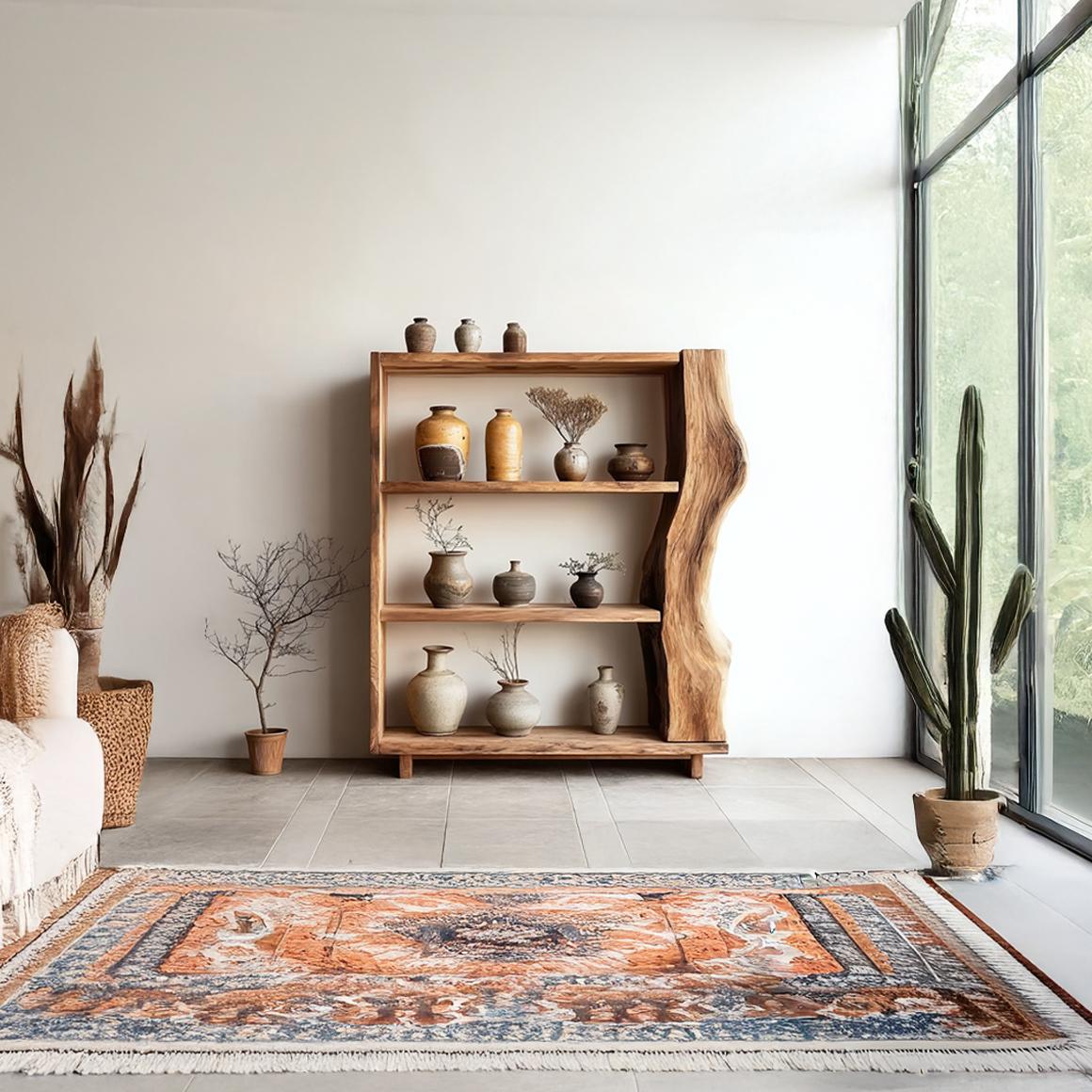 Spry Interior Rustic Live Edge Bookshelf, Solid Wood Standing Display Shelf, Multi-Tiered Slab Storage Bookcase for Living Room SINLSASC150