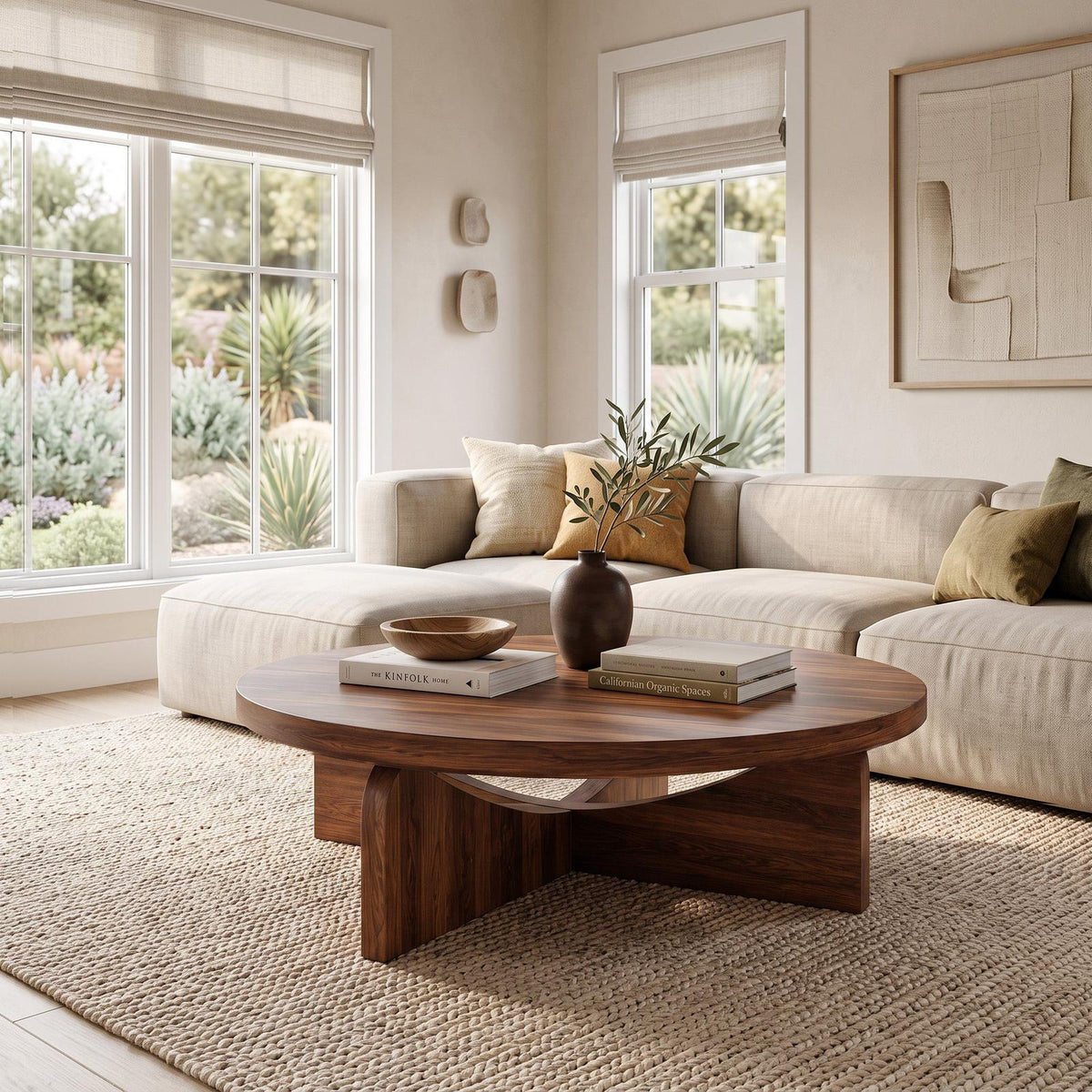 Modern Round Wood Coffee Table with Unique Geometric Base, Contemporary Solid Wood Center Table, Model