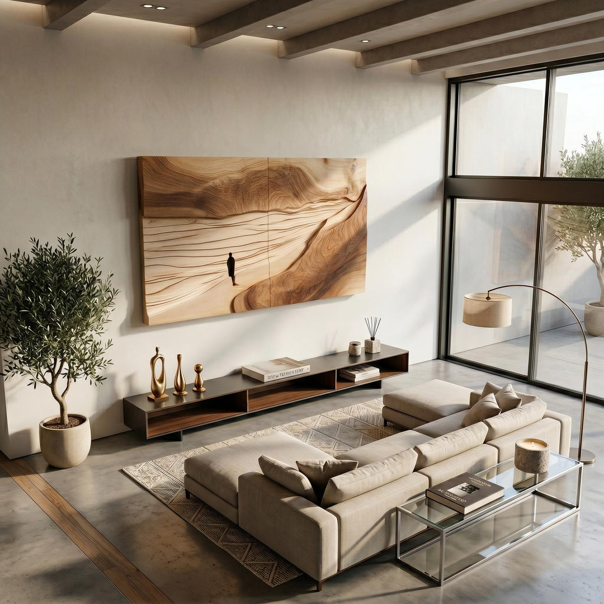 Minimalist Sand Dune Wood Wall Art, Handcrafted 3D Wave Wooden Panel Sculptures for Neutral Modern Living Room