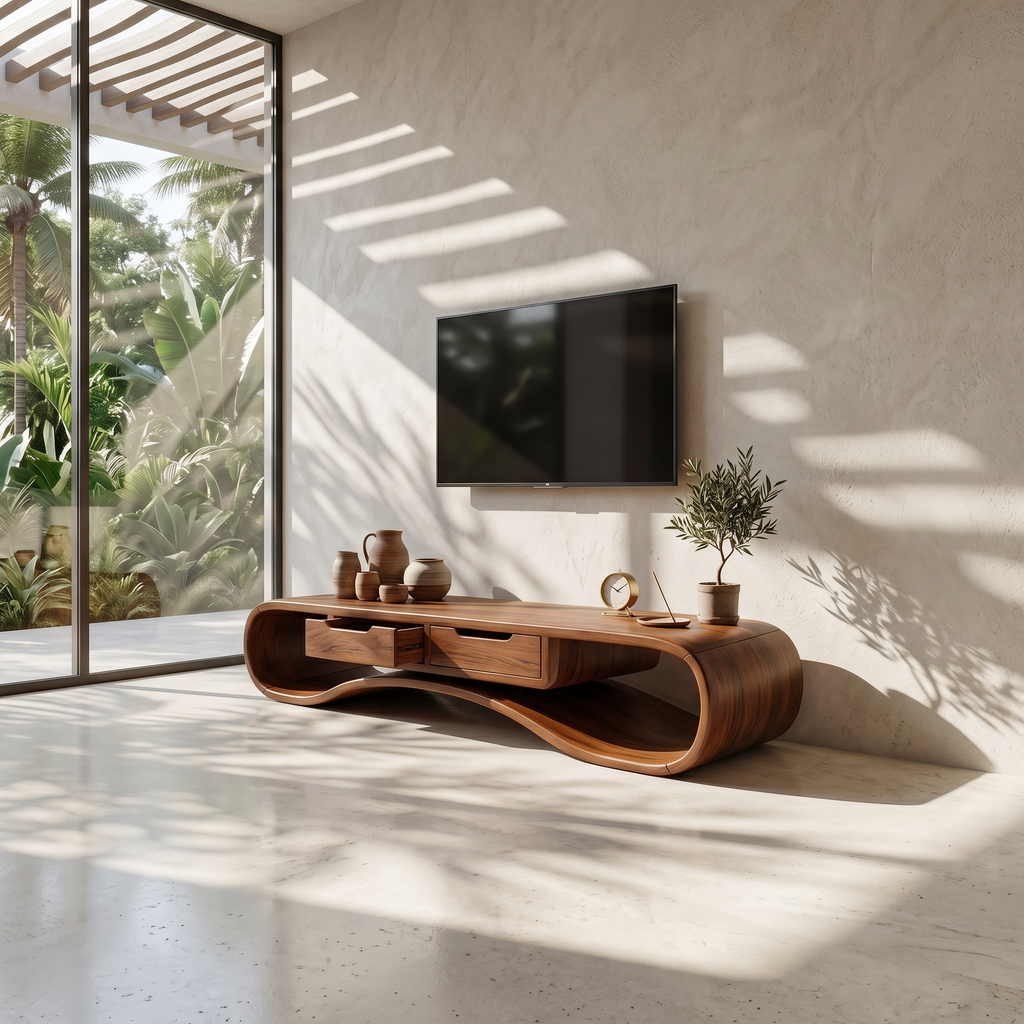 Modern Organic TV Cabinet, Solid Wood Media Console & Low Profile Entertainment Stand