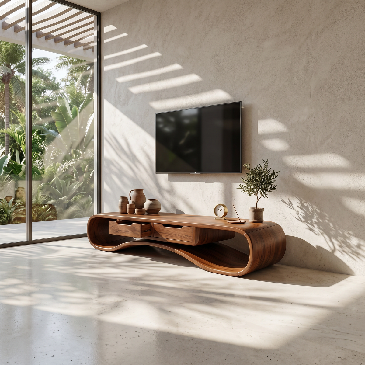 Modern Organic TV Cabinet, Solid Wood Media Console & Low Profile Entertainment Stand