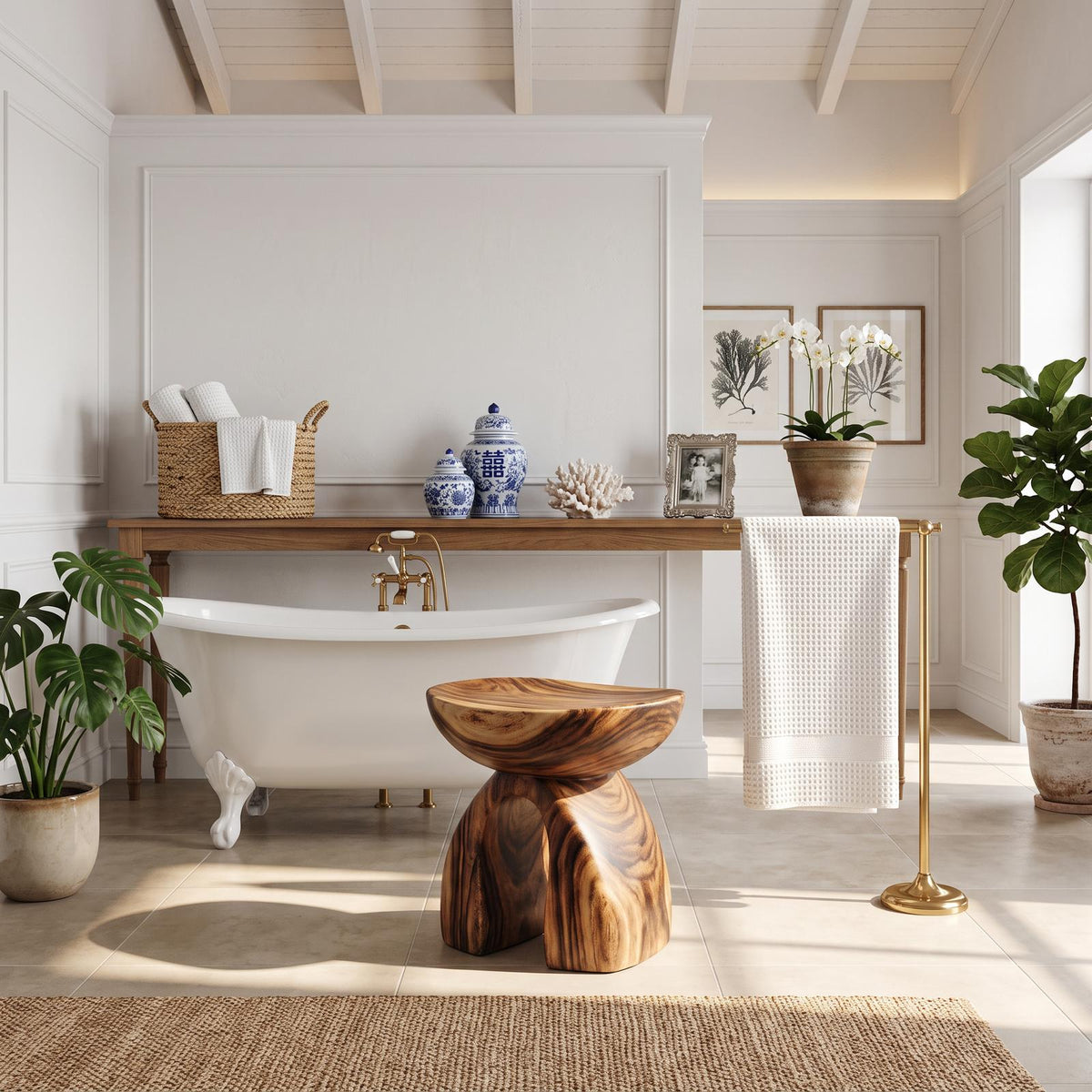 Rustic Solid Wood Shower Bench, Handcrafted Waterproof Bathroom Bath Stool & Spa Seating Organizer Chair