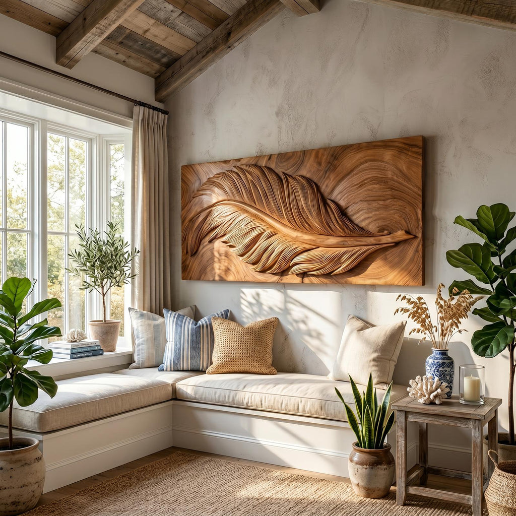 Luxury Wooden Wall Art with Feather Design, Carved Wood Feather Wall Decor Panel