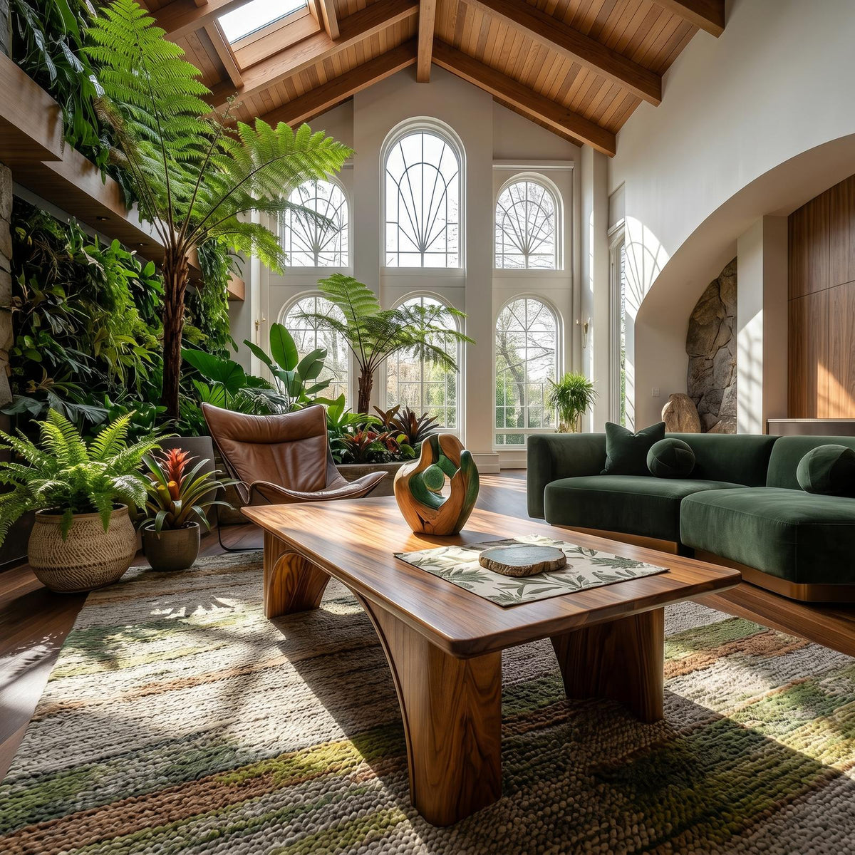 Arched Wood Coffee Table, Mid-Century Modern Curved Base Center Table for Garden Room and Living Room, Solid Wood