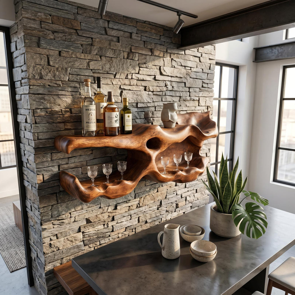 Farmhouse Wooden Wine Holder, Handcrafted Tabletop Wine Bottle Rack & Glass Display Organizer for Living Room Shelf