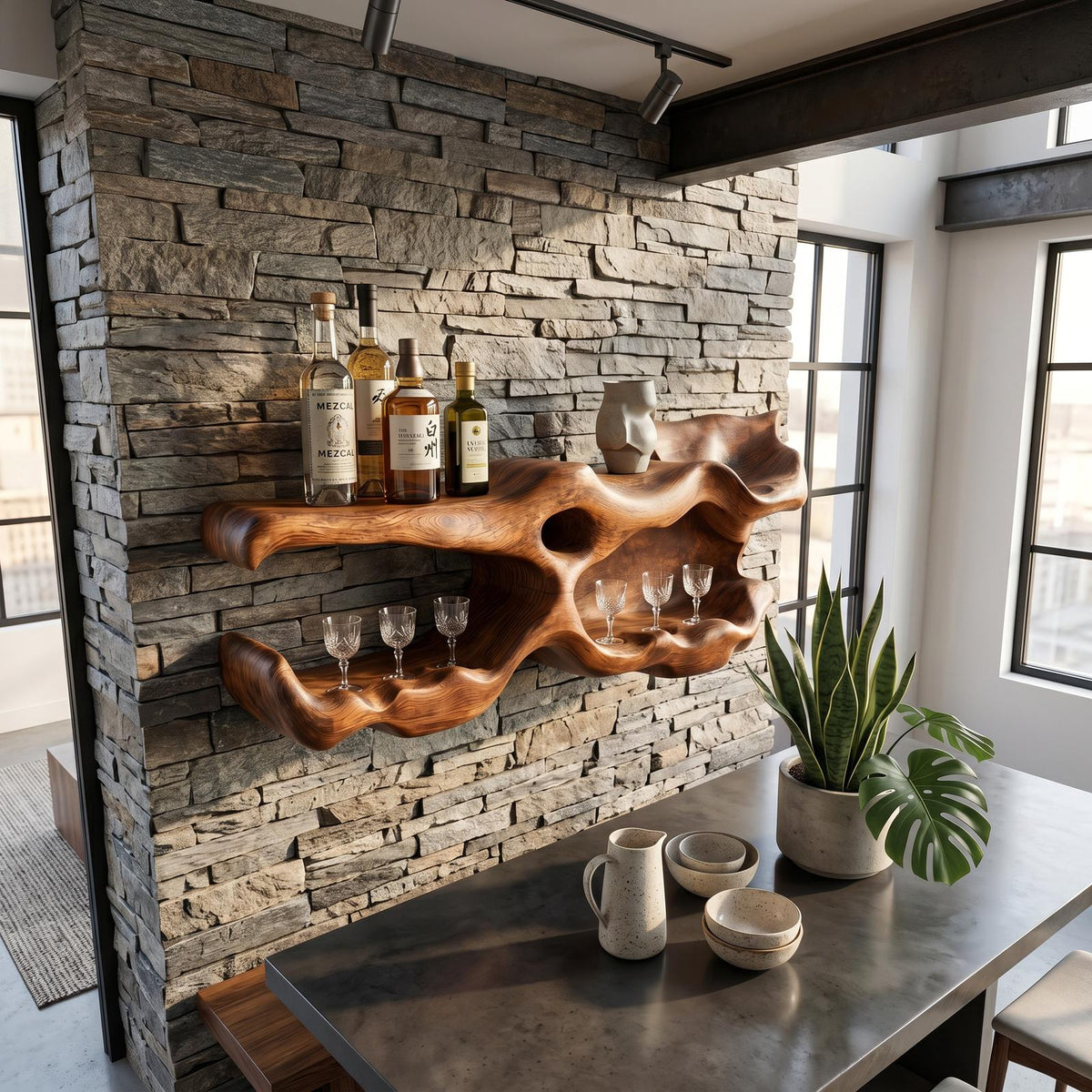 Farmhouse Wooden Wine Holder, Handcrafted Tabletop Wine Bottle Rack & Glass Display Organizer for Living Room Shelf