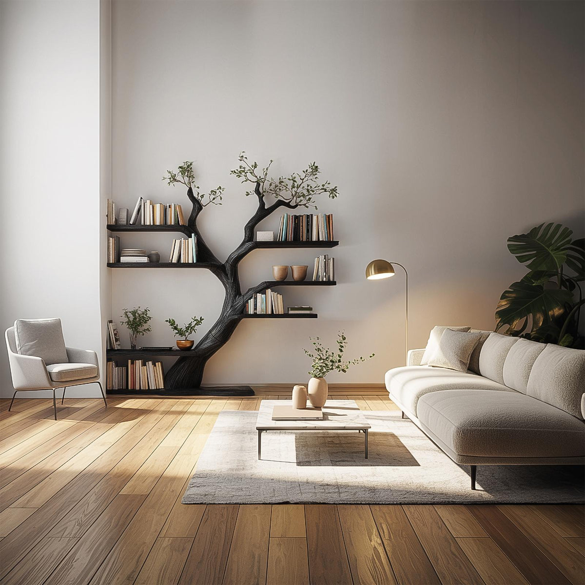 Rustic Tree Bookshelf, Free Standing Solid Wood Bookcase Storage Stand, Decorative Bedroom & Living Room Organizer